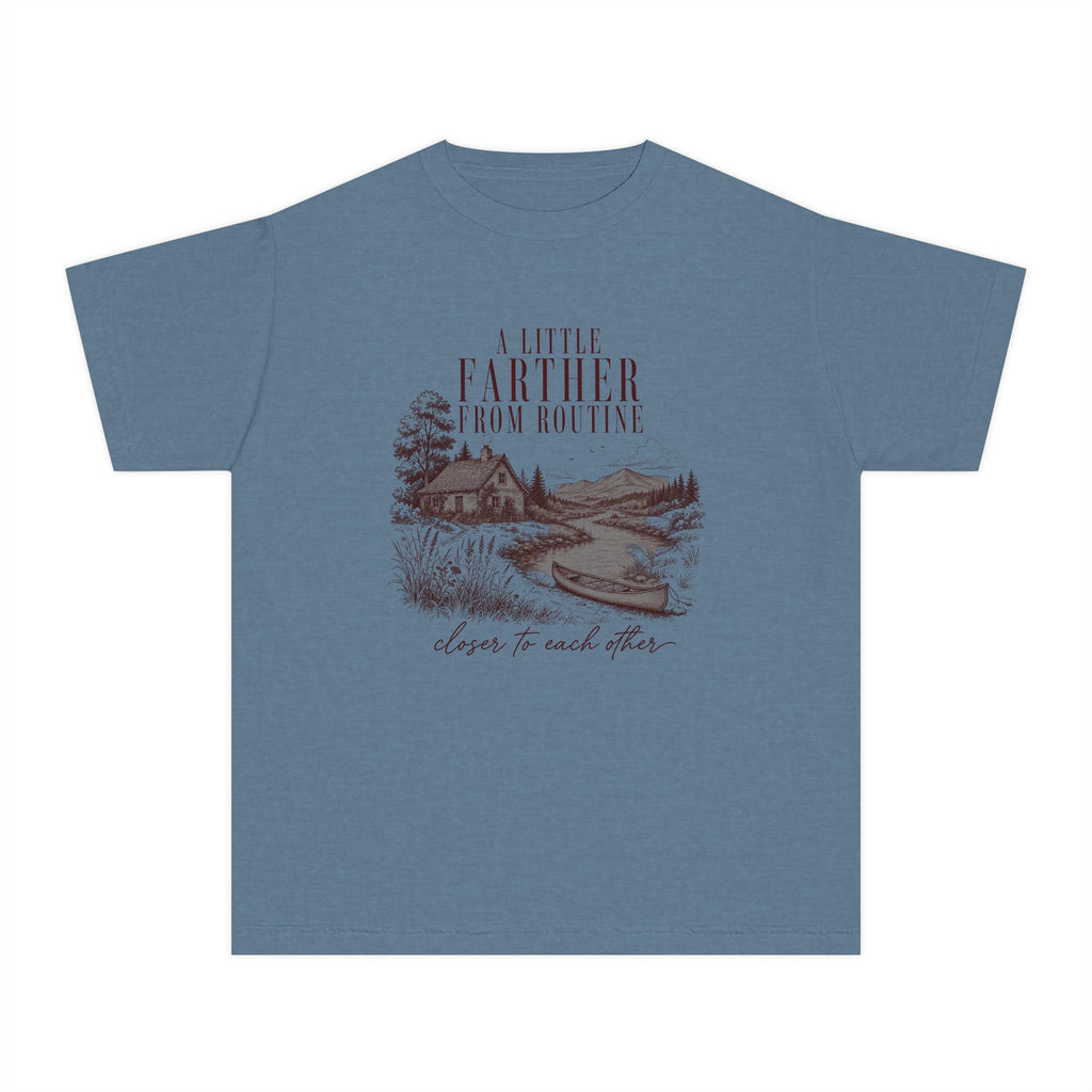 A Little Farther from Routine Youth Tee – Kids' Comfort Colors Family Getaway Shirt in Blue Jean – flat lay
