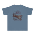 A Little Farther from Routine Youth Tee – Kids' Comfort Colors Family Getaway Shirt in Blue Jean – flat lay