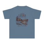 A Little Farther from Routine Youth Tee – Kids' Comfort Colors Family Getaway Shirt in Blue Jean – flat lay
