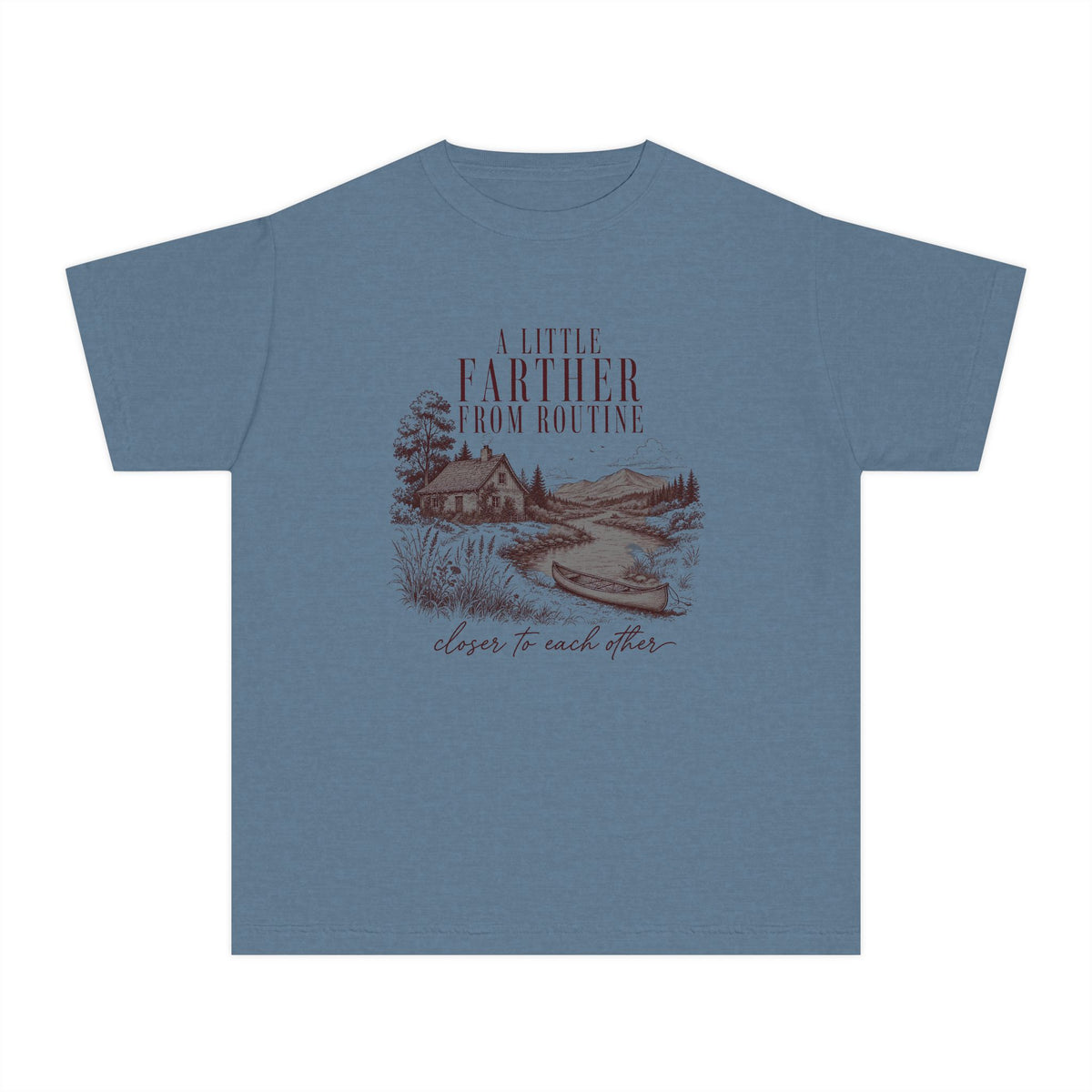 A Little Farther from Routine Youth Tee – Kids' Comfort Colors Family Getaway Shirt in Blue Jean – flat lay