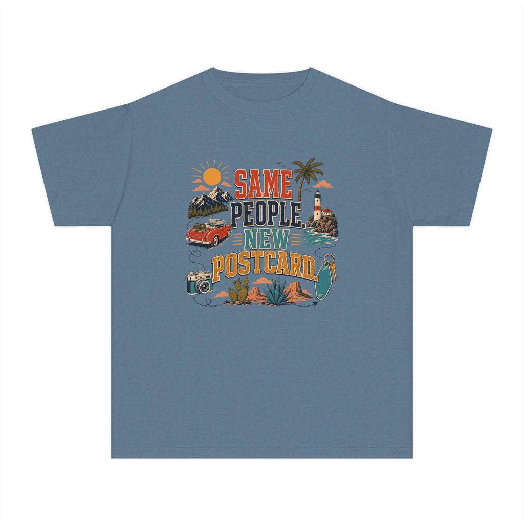 Same People New Postcard Youth Tee – Kids' Comfort Colors Road Trip Shirt in Blue Jean – flat lay