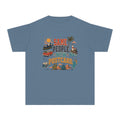 Same People New Postcard Youth Tee – Kids' Comfort Colors Road Trip Shirt in Blue Jean – flat lay