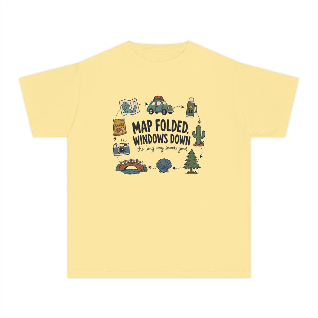 Map Folded Windows Down Youth Tee – Kids' Comfort Colors Road Trip Shirt in Butter – flat lay