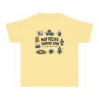 Map Folded Windows Down Youth Tee – Kids' Comfort Colors Road Trip Shirt in Butter – flat lay