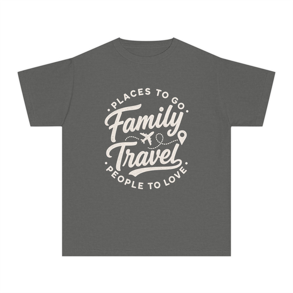 Family Travel Places to Go People to Love Youth Tee – Kids' Comfort Colors Family Travel Shirt in Pepper – flat lay