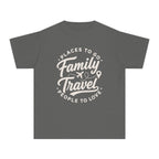 Family Travel Places to Go People to Love Youth Tee – Kids' Comfort Colors Family Travel Shirt in Pepper – flat lay