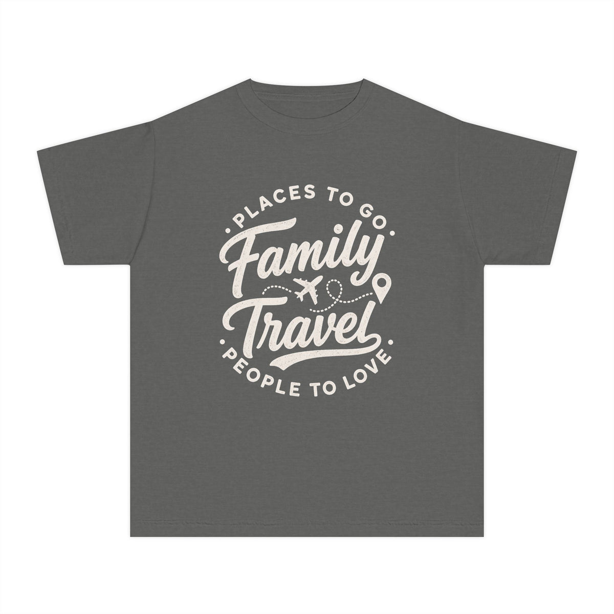 Family Travel Places to Go People to Love Youth Tee – Kids' Comfort Colors Family Travel Shirt in Pepper – flat lay