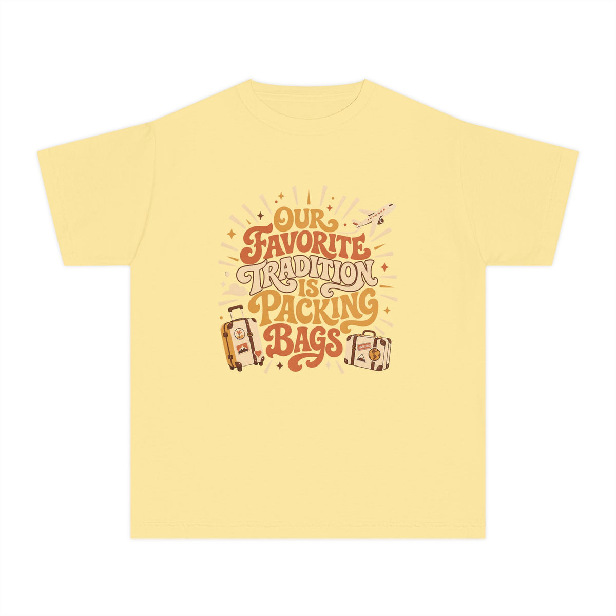 Our Favorite Tradition Is Packing Bags Youth Tee – Kids' Comfort Colors Family Travel Shirt in Butter – flat lay
