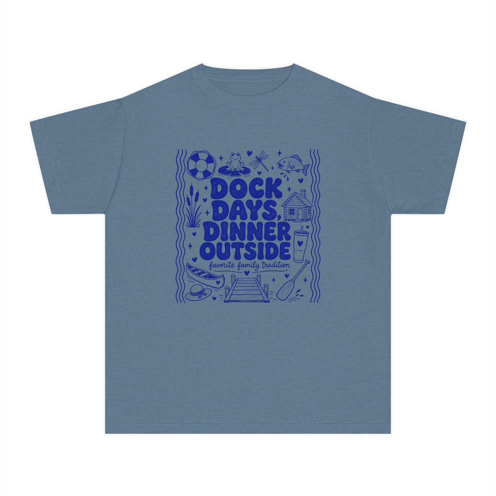 Dock Days Dinner Outside Youth Tee – Kids' Comfort Colors Lake Vacation Shirt in Blue Jean – flat lay
