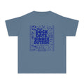 Dock Days Dinner Outside Youth Tee – Kids' Comfort Colors Lake Vacation Shirt in Blue Jean – flat lay
