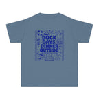 Dock Days Dinner Outside Youth Tee – Kids' Comfort Colors Lake Vacation Shirt in Blue Jean – flat lay