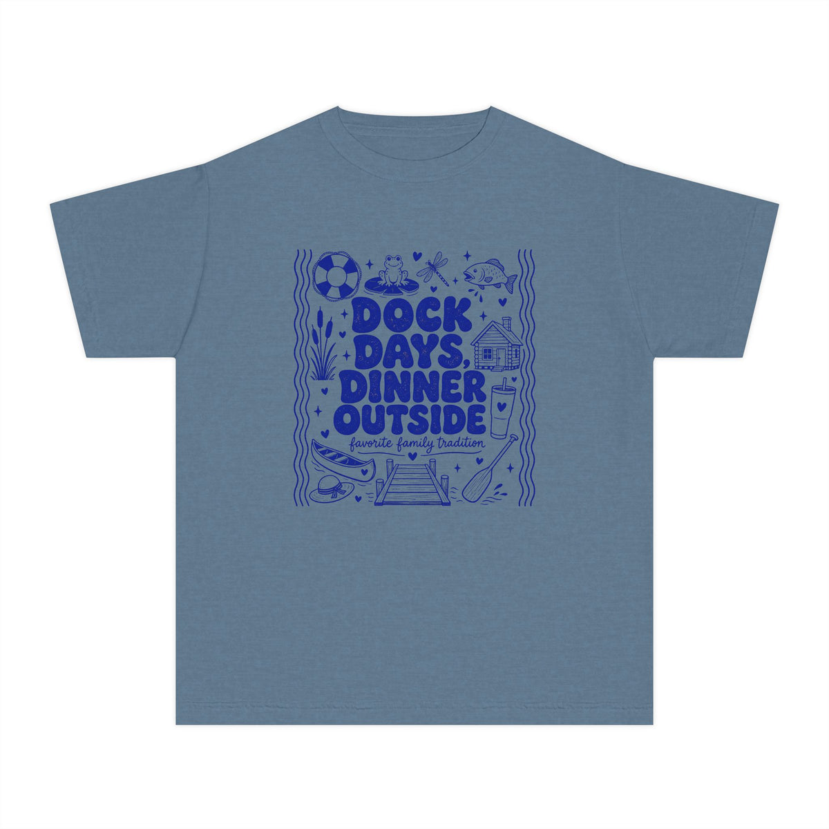 Dock Days Dinner Outside Youth Tee – Kids' Comfort Colors Lake Vacation Shirt in Blue Jean – flat lay