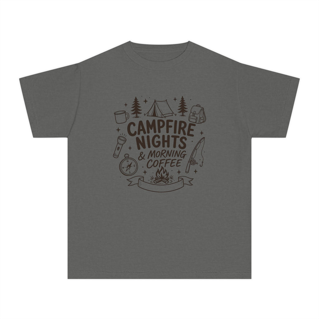 Campfire Nights and Morning Coffee Youth Tee – Kids' Comfort Colors Camping Shirt in Pepper – flat lay
