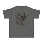 Campfire Nights and Morning Coffee Youth Tee – Kids' Comfort Colors Camping Shirt in Pepper – flat lay