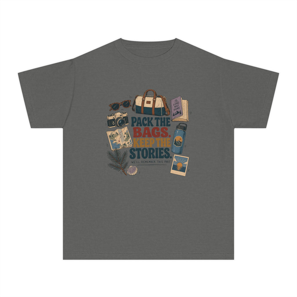 Pack the Bags Keep the Stories Youth Tee – Kids' Comfort Colors Family Getaway Shirt in Pepper – flat lay