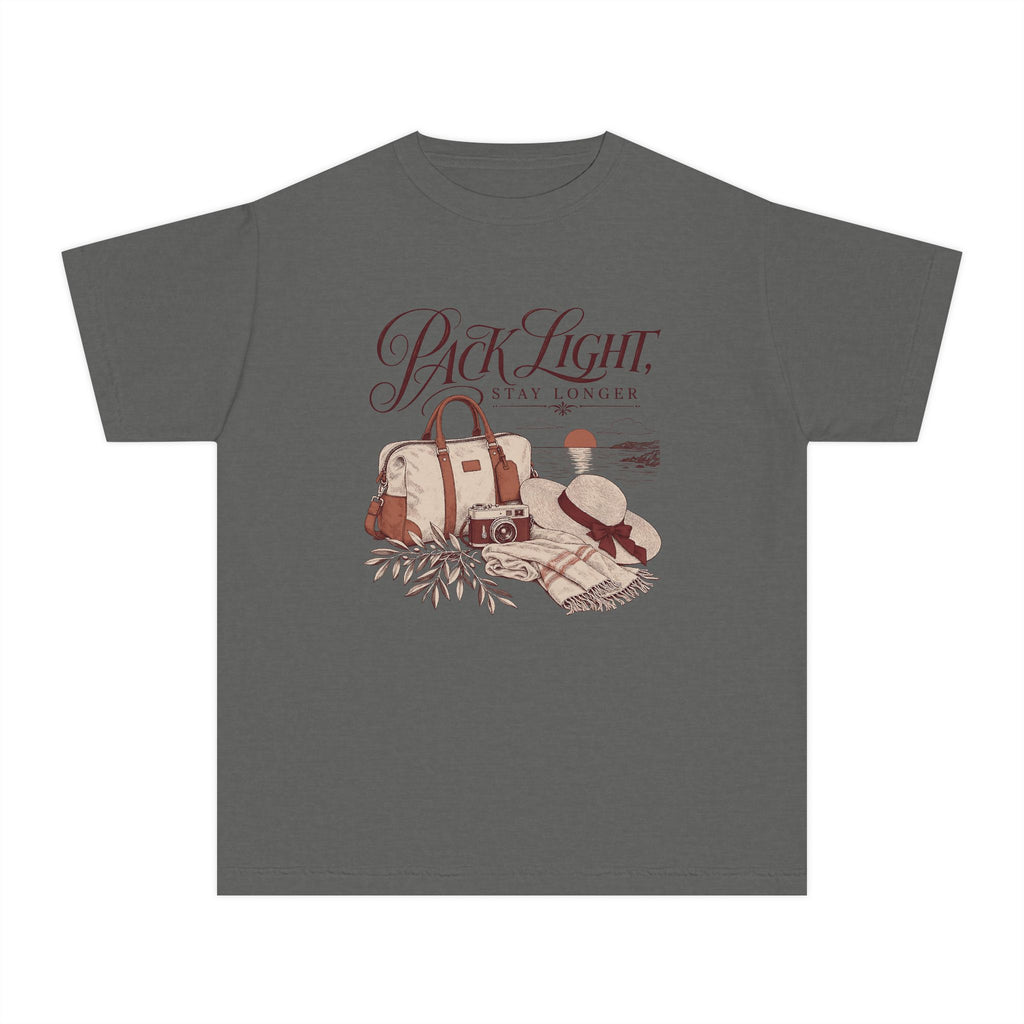 Pack Light Stay Longer Youth Tee – Kids' Comfort Colors Family Travel Shirt in Pepper – flat lay