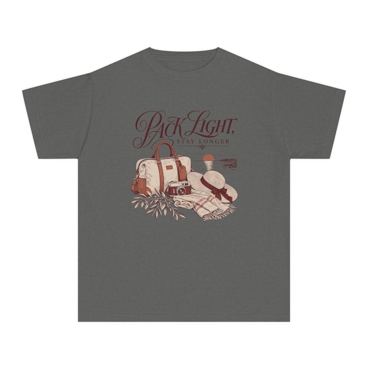 Pack Light Stay Longer Youth Tee – Kids' Comfort Colors Family Travel Shirt in Pepper – flat lay