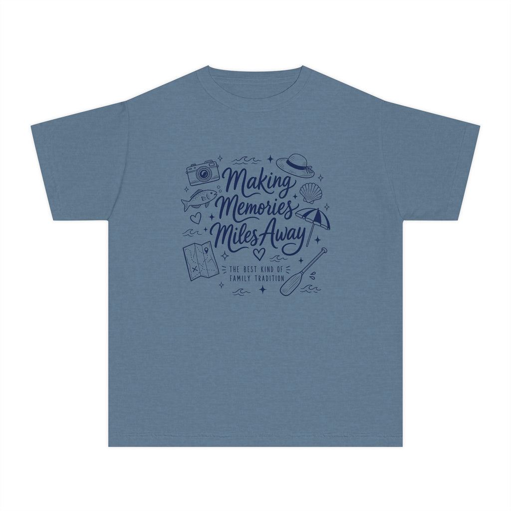 Making Memories Miles Away Youth Tee – Kids' Comfort Colors Road Trip Shirt in Blue Jean – flat lay