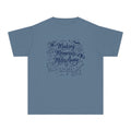 Making Memories Miles Away Youth Tee – Kids' Comfort Colors Road Trip Shirt in Blue Jean – flat lay