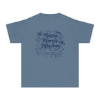 Making Memories Miles Away Youth Tee – Kids' Comfort Colors Road Trip Shirt in Blue Jean – flat lay
