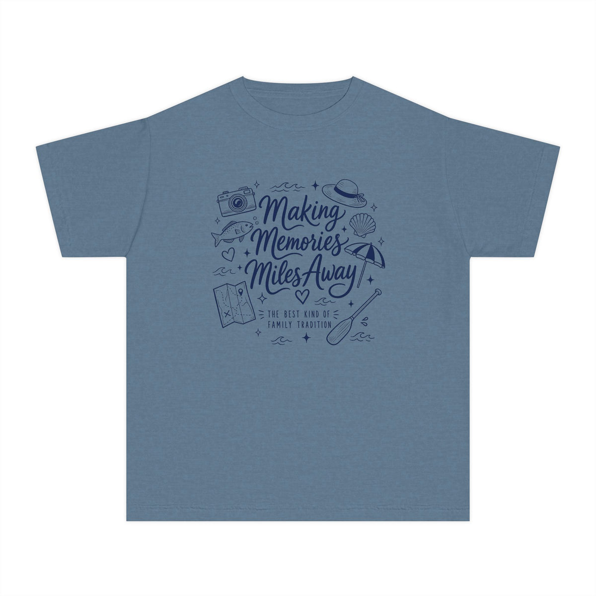 Making Memories Miles Away Youth Tee – Kids' Comfort Colors Road Trip Shirt in Blue Jean – flat lay