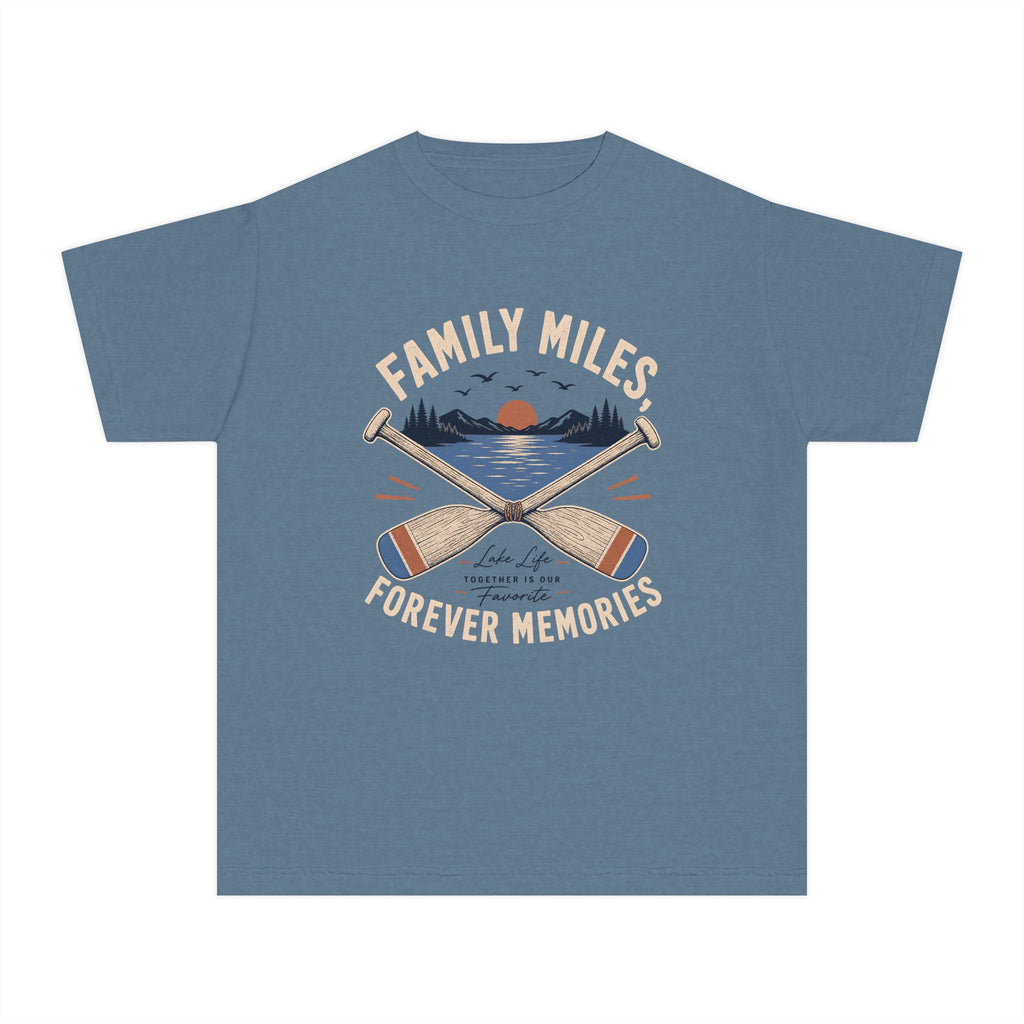 Family Miles Forever Memories Youth Tee – Kids' Comfort Colors Lake Vacation Shirt in Blue Jean – flat lay