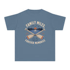Family Miles Forever Memories Youth Tee – Kids' Comfort Colors Lake Vacation Shirt in Blue Jean – flat lay