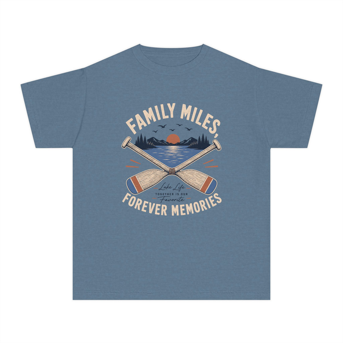 Family Miles Forever Memories Youth Tee – Kids' Comfort Colors Lake Vacation Shirt in Blue Jean – flat lay