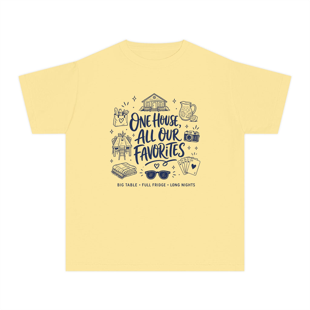 One House All Our Favorites Youth Tee – Kids' Comfort Colors Family Getaway Shirt in Butter – flat lay