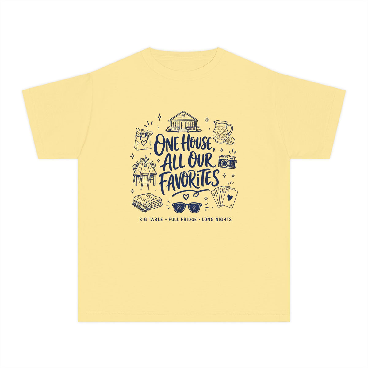One House All Our Favorites Youth Tee – Kids' Comfort Colors Family Getaway Shirt in Butter – flat lay