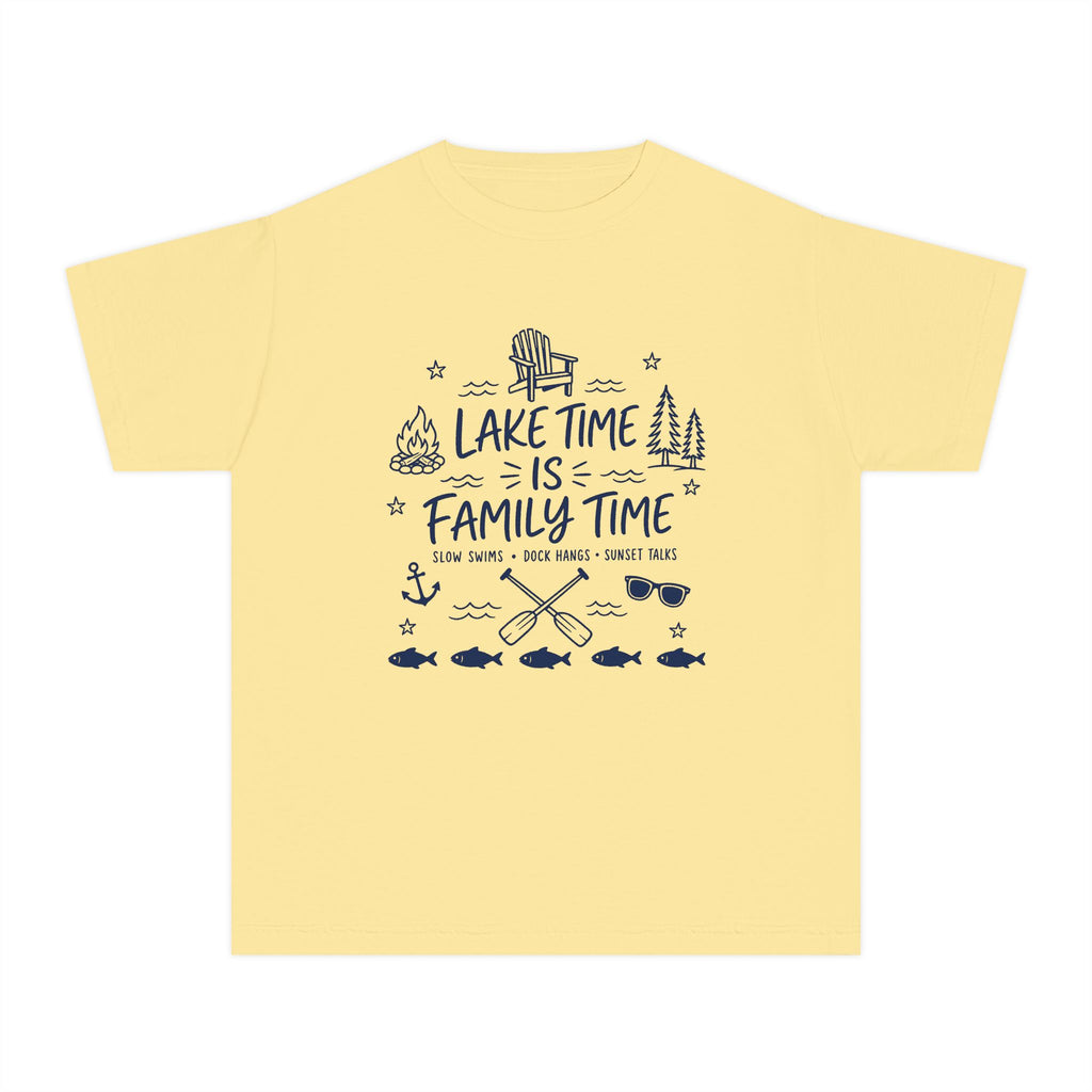 Lake Time Is Family Time Youth Tee – Kids' Comfort Colors Lake Vacation Shirt in Butter – flat lay