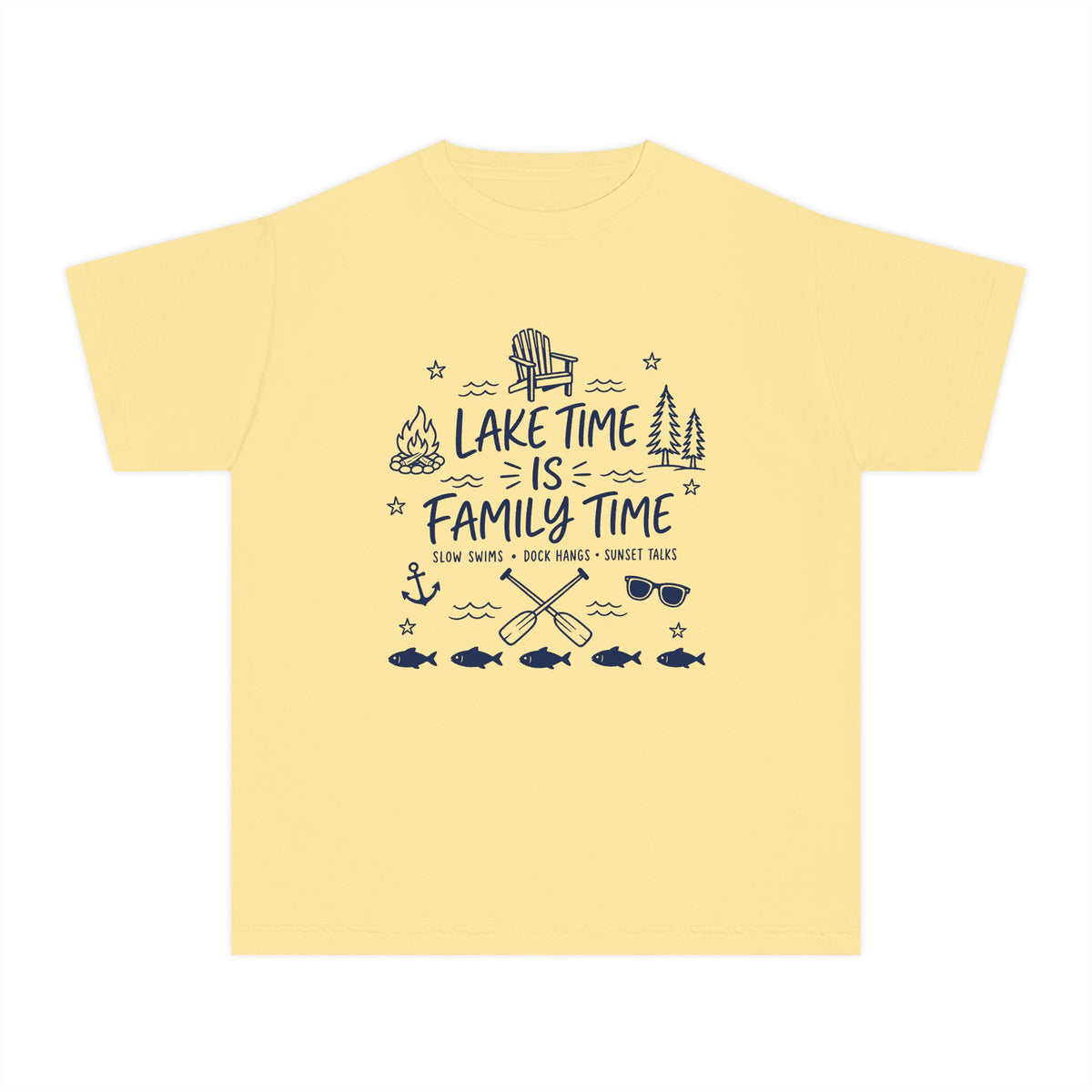 Lake Time Is Family Time Youth Tee – Kids' Comfort Colors Lake Vacation Shirt in Butter – flat lay