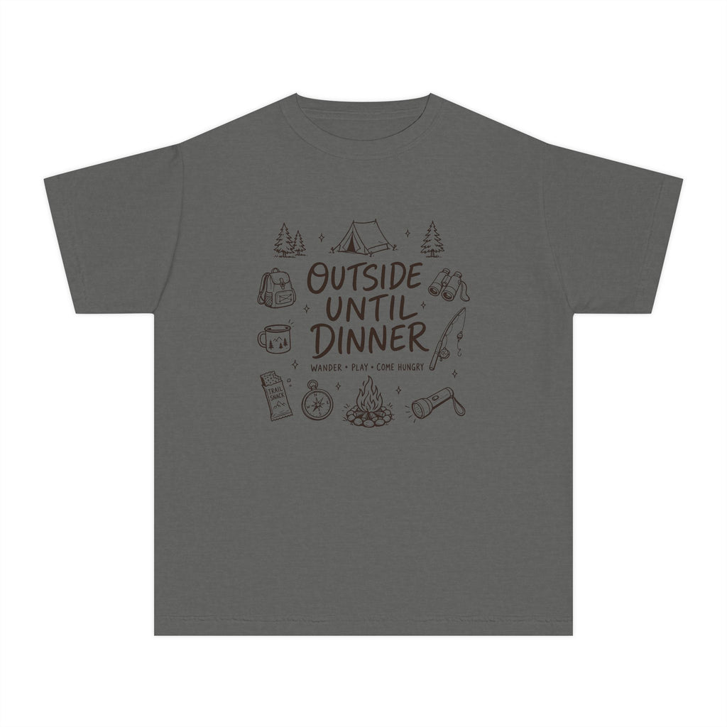 Outside Until Dinner Youth Tee – Kids' Comfort Colors Camping Shirt in Pepper – flat lay