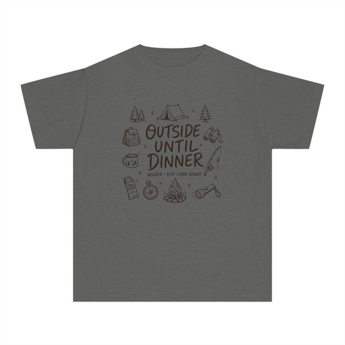 Outside Until Dinner Youth Tee – Kids' Comfort Colors Camping Shirt in Pepper – flat lay