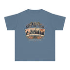 This Is How We Keep the Years Youth Tee – Kids' Comfort Colors Family Trip Shirt in Blue Jean – flat lay