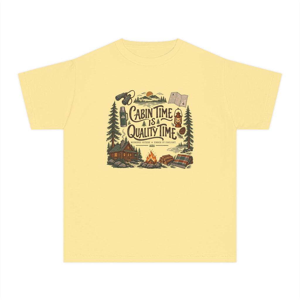 Cabin Time Is Quality Time Youth Tee – Kids' Comfort Colors Lake Vacation Shirt in Butter – flat lay