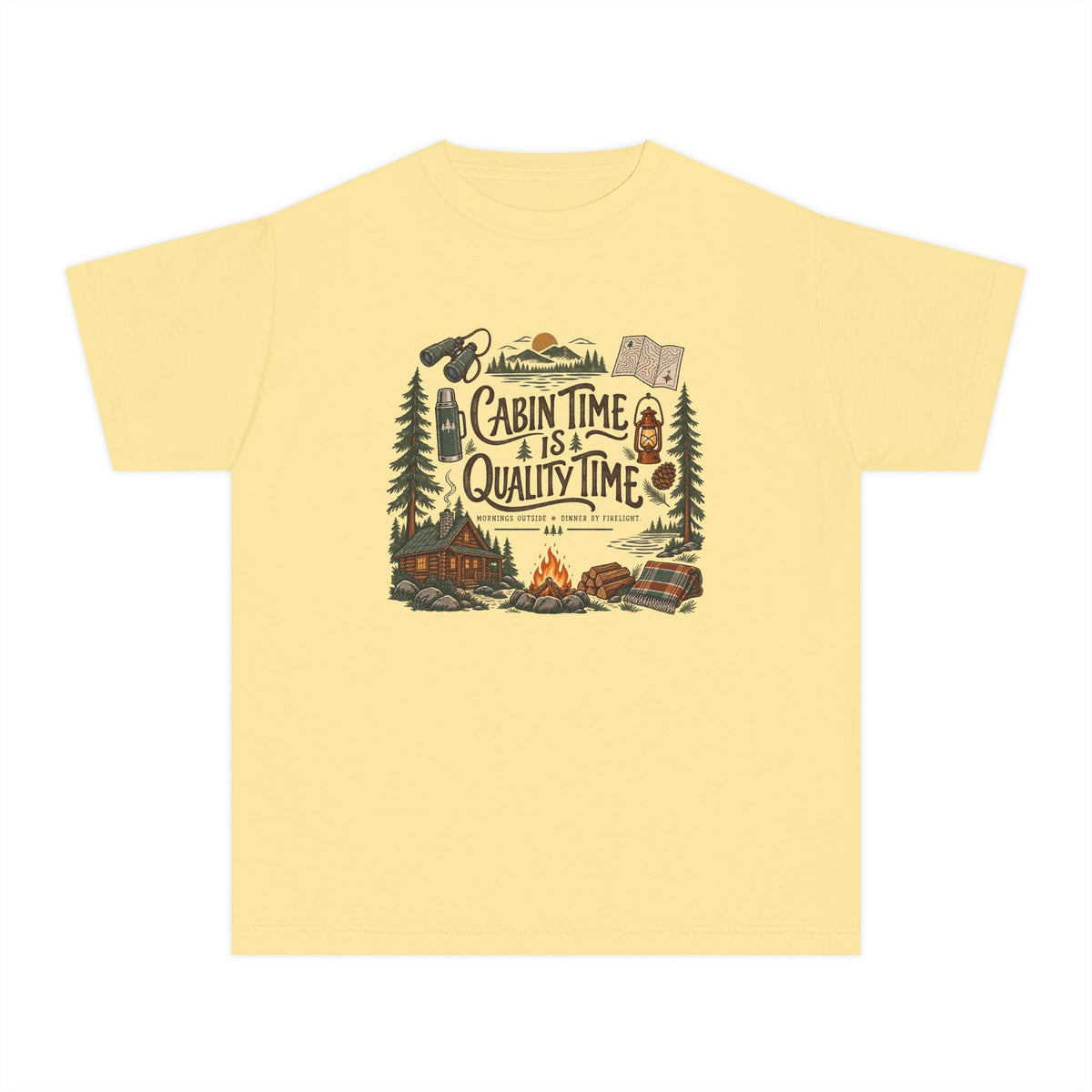 Cabin Time Is Quality Time Youth Tee – Kids' Comfort Colors Lake Vacation Shirt in Butter – flat lay