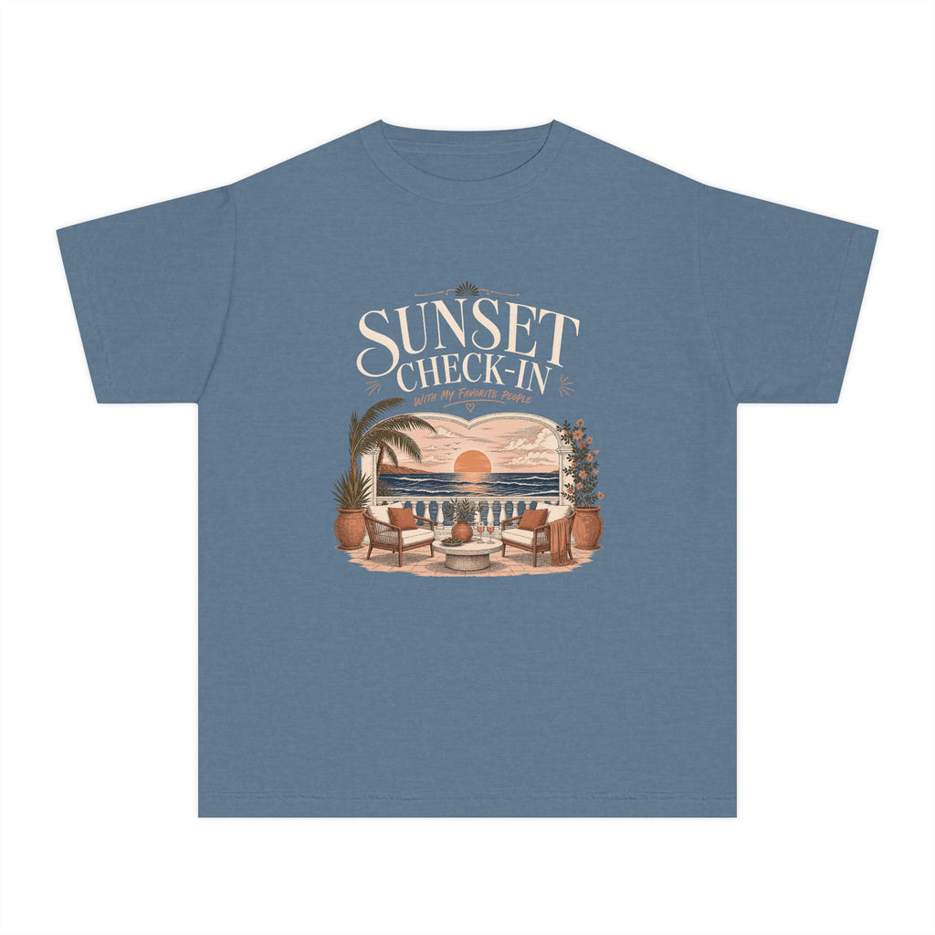 Sunset Check In Youth Tee – Kids' Comfort Colors Seaside Vacation Shirt in Blue Jean – flat lay