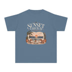 Sunset Check In Youth Tee – Kids' Comfort Colors Seaside Vacation Shirt in Blue Jean – flat lay