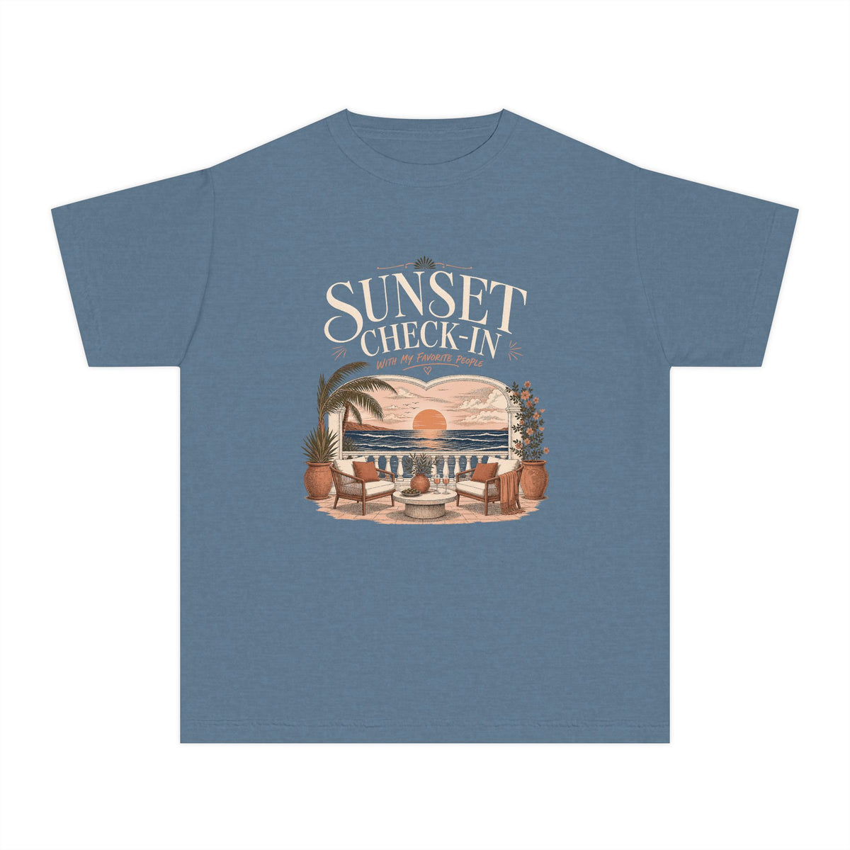 Sunset Check In Youth Tee – Kids' Comfort Colors Seaside Vacation Shirt in Blue Jean – flat lay