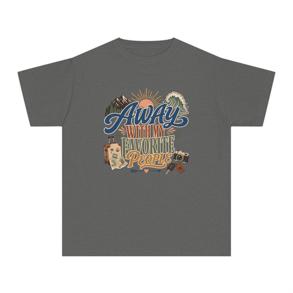 Away with My Favorite People Youth Tee – Kids' Comfort Colors Family Travel Shirt in Pepper – flat lay