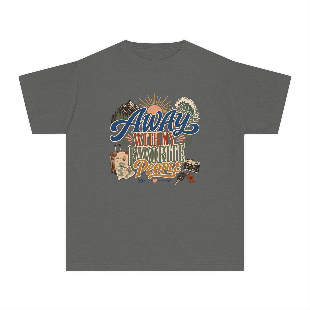 Away with My Favorite People Youth Tee – Kids' Comfort Colors Family Travel Shirt in Pepper – flat lay