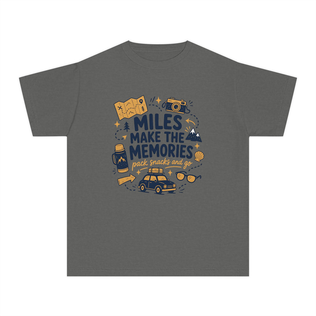 Miles Make the Memories Youth Tee – Kids' Comfort Colors Road Trip Shirt in Pepper – flat lay