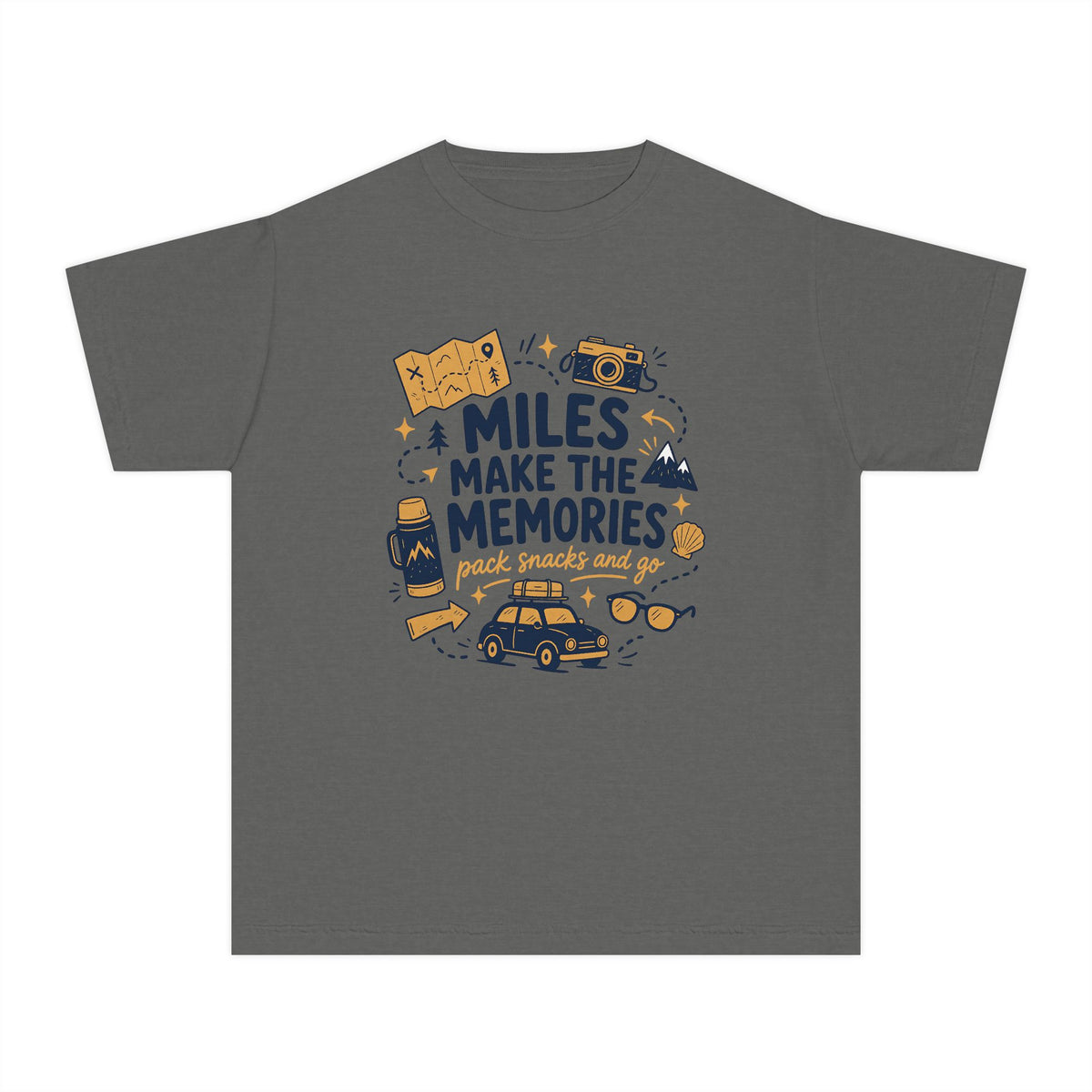 Miles Make the Memories Youth Tee – Kids' Comfort Colors Road Trip Shirt in Pepper – flat lay