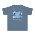 Beach Bag Season Youth Tee – Kids' Comfort Colors Beach Vacation Shirt in Blue Jean – flat lay