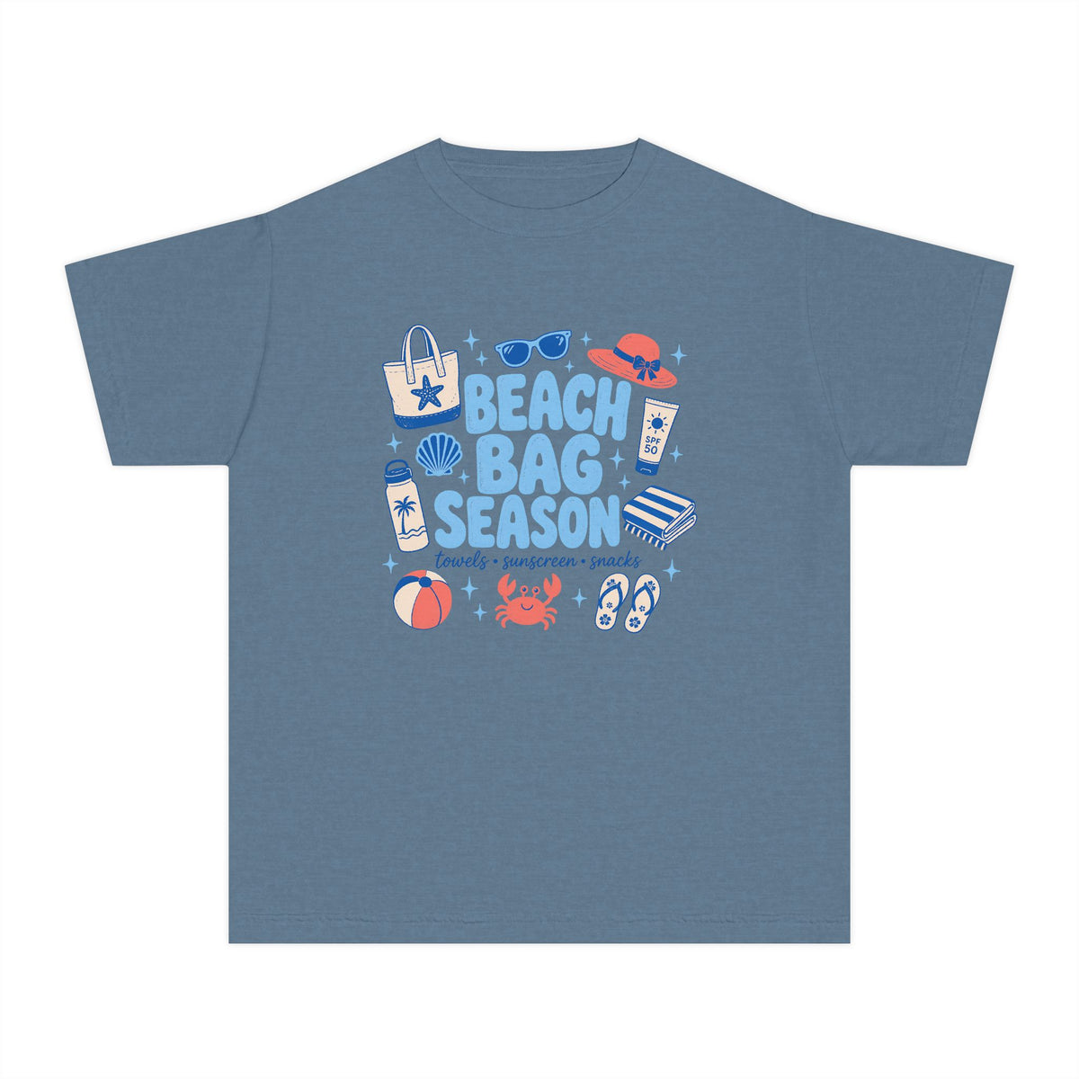 Beach Bag Season Youth Tee – Kids' Comfort Colors Beach Vacation Shirt in Blue Jean – flat lay