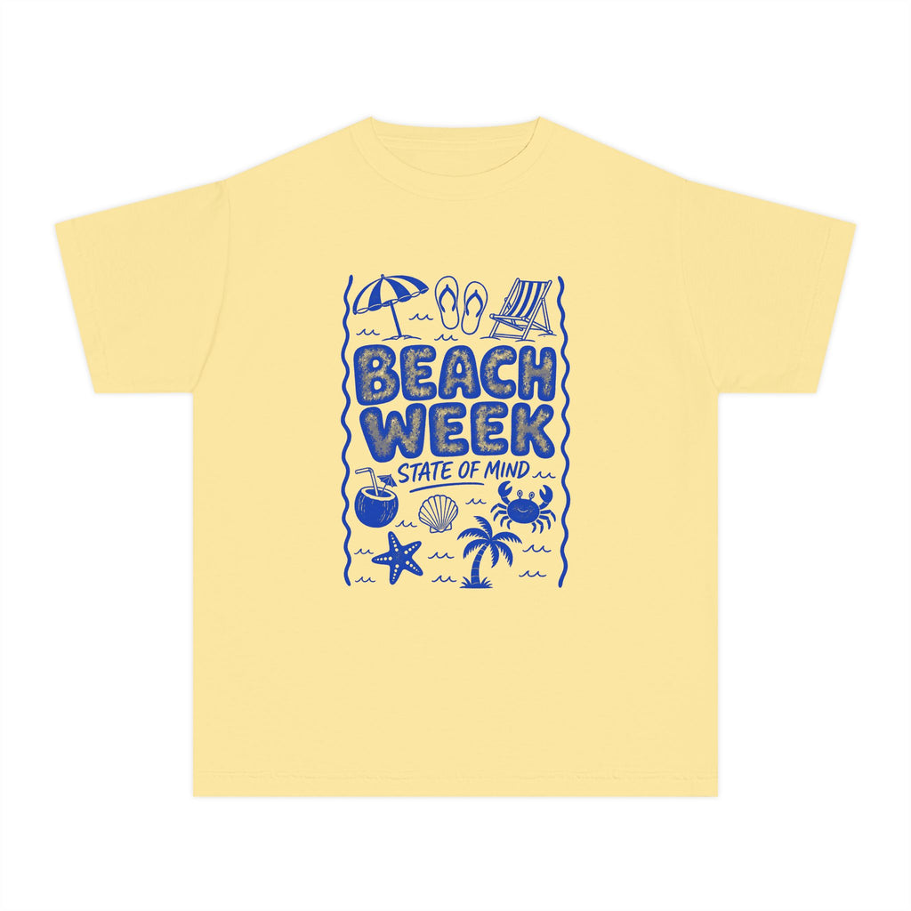 Beach Week State of Mind Youth Tee – Kids' Comfort Colors Beach Vacation Shirt in Butter – flat lay