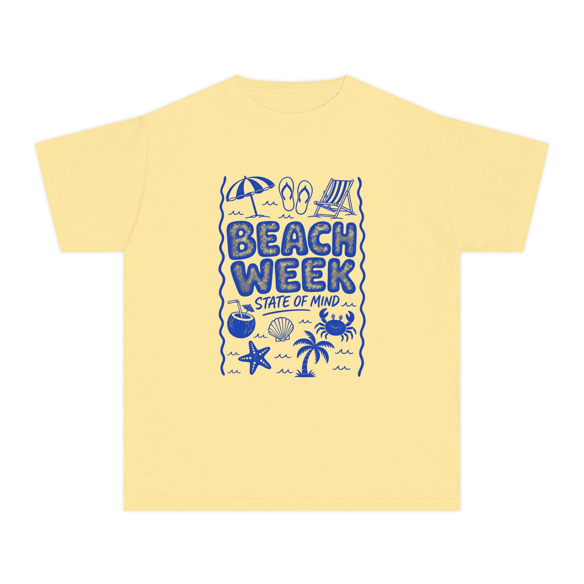 Beach Week State of Mind Youth Tee – Kids' Comfort Colors Beach Vacation Shirt in Butter – flat lay