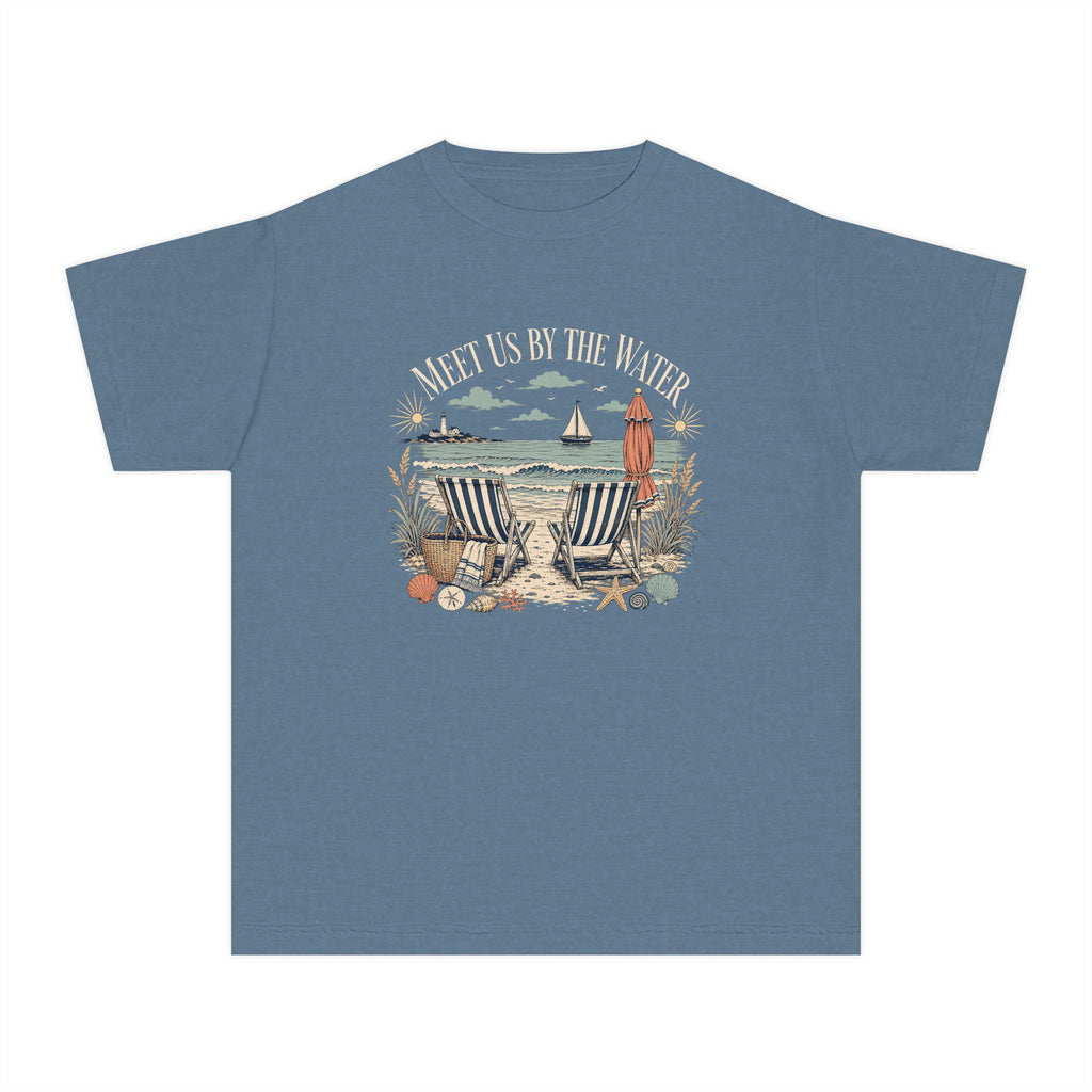 Meet Us By The Water Youth Tee – Kids' Comfort Colors Coastal Vacation Shirt in Blue Jean – flat lay