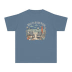 Meet Us By The Water Youth Tee – Kids' Comfort Colors Coastal Vacation Shirt in Blue Jean – flat lay